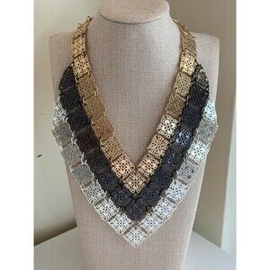 eShe NS Tri-Color Filigree Cutout Square Mesh Bib Statement Necklace